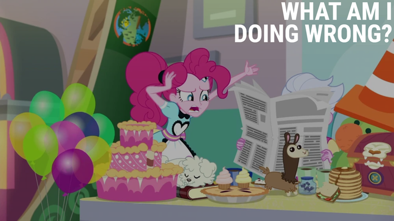 Size: 2000x1125 | Tagged: safe, derpibooru import, edit, edited screencap, editor:quoterific, screencap, pinkie pie, equestria girls, equestria girls series, five stars, spoiler:eqg series (season 2), balloon, book, cake, food, image, newspaper, pancakes, pie, png, sandwich, server pinkie pie, traffic cone