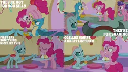 Size: 2000x1125 | Tagged: safe, derpibooru import, edit, edited screencap, editor:quoterific, screencap, berry blend, berry bliss, gallus, ocellus, pinkie pie, yona, marks for effort, balloon, friendship student, image, png, school of friendship