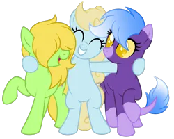 Size: 3405x2718 | Tagged: safe, artist:feather_bloom, derpibooru import, oc, oc:buttercream flow, oc:gingerpop, oc:starfall, earth pony, original species, pegasus, pony, derpibooru community collaboration, 2024 community collab, best friends, bipedal, hair over eyes, happy, image, png, simple background, standing on two hooves, transparent background, trio