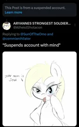 Size: 1079x1721 | Tagged: safe, artist:aryannespetfemboy, ponerpics import, ponybooru import, screencap, oc, oc:aryanne, unofficial characters only, :p, aria property cinematic universe, horror, image, intimidating, jpeg, magic, meme, meta, nazi, reply, scary, text, tongue out, twitter, warning, x