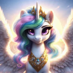 Size: 1024x1024 | Tagged: safe, ai content, machine learning generated, ponerpics import, ponybooru import, princess celestia, alicorn, pony, bing, bust, female, fluffy, image, jewelry, jpeg, looking at you, mare, regalia, solo, spread wings, sunrise, wing fluff, wings