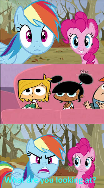 Size: 749x1348 | Tagged: safe, derpibooru import, edit, edited screencap, screencap, pinkie pie, rainbow dash, tanks for the memories, crossover, do i look angry, image, jpeg, lola mbola, meme, robotboy, tommy turnbull