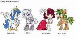 Size: 2000x1000 | Tagged: safe, artist:felicitea, artist:feliciteacup, derpibooru import, oc, oc:animal kingdom, oc:epcot, oc:hollywood studios, oc:magic kingdom, unofficial characters only, alicorn, earth pony, pegasus, pony, unicorn, clothes, disney, dress, female, group, image, jpeg, mare, simple background, white background