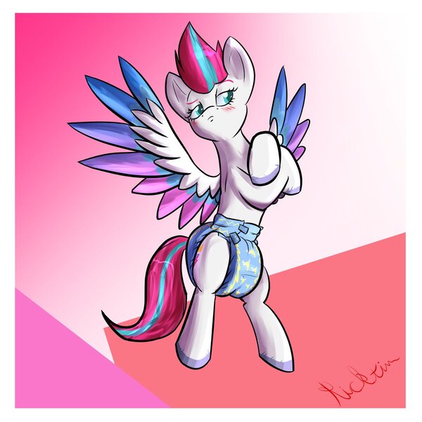 Size: 1200x1200 | Tagged: questionable, artist:ricktin, derpibooru import, zipp storm, pegasus, pony, g5, abstract background, blushing, colored wings, concave belly, diaper, eyelashes, female, fetish, image, jpeg, lidded eyes, mare, multicolored wings, non baby, solo, spread wings, wings