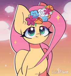 Size: 1400x1500 | Tagged: safe, artist:miryelis, derpibooru import, fluttershy, pegasus, pony, animated, big ears, cloud, cute, female, flower, flower in hair, g4, gif, gradient background, image, long hair, looking up, mare, shyabetes, smiling, solo