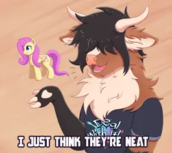 Size: 4091x3655 | Tagged: safe, artist:autumnsfur, derpibooru import, fluttershy, oc, oc:benny, anthro, bull, cow, original species, pegasus, plush pony, pony, barely pony related, black hair, black mane, brown fur, chest fluff, clothes, cloven hooves, cow horns, cream fur, female, floppy ears, fluffy, folded wings, furry, fursona, hidden eyes, highland cow, horns, i just think they're neat, image, male, mare, meme, parody, pink hair, pink mane, plushie, png, simple background, smiling, talking, text, wings, yellow coat, yellow fur