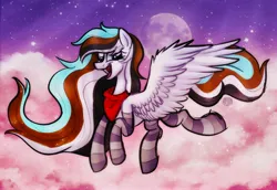 Size: 3433x2356 | Tagged: safe, artist:sadfloorlamp, derpibooru import, oc, oc:luka mint, unofficial characters only, pegasus, pony, clothes, cloud, colored, concave belly, eye clipping through hair, eyelashes, flying, high res, image, jpeg, large wings, lightly watermarked, long mane, long tail, moon, multicolored mane, multicolored tail, neckerchief, night, night sky, open mouth, pegasus oc, shading, sky, slim, socks, solo, spread wings, starry sky, stars, striped mane, striped socks, striped tail, tail, teeth, thin, watermark, white coat, wings