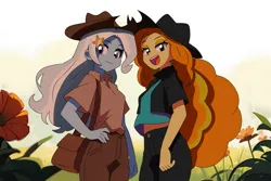 Size: 1999x1332 | Tagged: safe, artist:aokushan, derpibooru import, adagio dazzle, trixie, human, equestria girls, bag, cowboy hat, cowgirl outfit, duo, duo female, female, flower, hand on hip, hat, image, open mouth, open smile, png, smiling