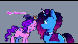 Size: 1920x1080 | Tagged: safe, artist:kreeeeeez, derpibooru import, pipp petals, pegasus, pony, unicorn, g5, my little pony: make your mark, animated, female, floppy ears, freckles, grin, hat, image, implied abuse, implied opaline arcana, mare, misty brightdawn, my little pony: make your mark chapter 5, neck bow, nervous, nervous grin, nightmare on mane street, rebirth misty, smiling, the implications are horrible, webm, witch hat, witch pipp