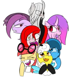 Size: 3000x3000 | Tagged: safe, artist:bestponies, derpibooru import, oc, oc:aurora quill, oc:buzzing pollen, oc:gooey gum, oc:purple vine, oc:severus, oc:silky web, oc:vicious waves, unofficial characters only, bee, bee pony, goo, goo pony, insect, lamia, monster pony, original species, pony, shark, shark pony, spider, spiderpony, angry, eyes closed, fangs, female, glasses, horn, image, laughing, long tongue, looking up, mare, open mouth, png, scared, sharp teeth, simple background, teeth, thinking, tongue out, transparent background