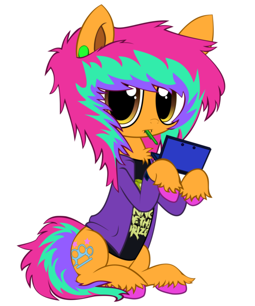 Size: 3780x4536 | Tagged: safe, artist:cactuscruncher, derpibooru import, oc, oc:drop dee, unofficial characters only, earth pony, pony, derpibooru community collaboration, .svg available, 2024 community collab, 3ds, blank expression, brown eyes, clothes, colored hooves, derpibooru exclusive, ear piercing, earth pony oc, emo, facial piercing, gauges, image, jacket, lip piercing, looking at you, male, messy mane, messy tail, multicolored hair, multicolored mane, multicolored tail, nintendo, orange coat, pen in mouth, piercing, png, shiny eyes, shirt, simple background, sitting, sitting up, snake bites, solo, stallion, tail, transparent background, unshorn fetlocks, vector