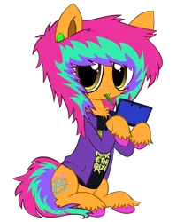 Size: 3780x4536 | Tagged: safe, artist:cactuscruncher, derpibooru import, oc, oc:drop dee, unofficial characters only, earth pony, pony, derpibooru community collaboration, .svg available, 2024 community collab, 3ds, blank expression, brown eyes, clothes, colored hooves, derpibooru exclusive, ear piercing, earth pony oc, emo, facial piercing, gauges, image, jacket, lip piercing, looking at you, male, messy mane, messy tail, multicolored hair, multicolored mane, multicolored tail, nintendo, orange coat, pen in mouth, piercing, png, shiny eyes, shirt, simple background, sitting, sitting up, snake bites, solo, stallion, tail, transparent background, unshorn fetlocks, vector