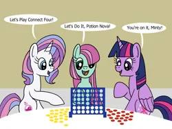 Size: 1440x1080 | Tagged: safe, artist:platinumdrop, derpibooru import, minty, potion nova, twilight sparkle, twilight sparkle (alicorn), alicorn, earth pony, pony, unicorn, my little pony: pony life, commission, connect four, dialogue, g4, g4.5 to g4, generation leap, happy, image, playing, png, sitting, smiling, speech bubble, talking
