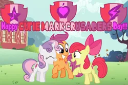 Size: 2269x1503 | Tagged: safe, artist:shieldwingarmorofgod, derpibooru import, apple bloom, scootaloo, sweetie belle, pony, apple bloom's bow, bow, cmc day, cutie mark, cutie mark crusaders, female, filly, foal, hair bow, image, png