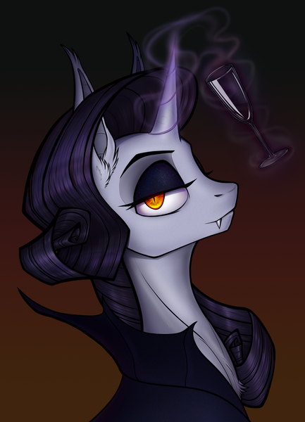 Size: 1300x1800 | Tagged: safe, artist:jehr, derpibooru import, rarity, pony, undead, unicorn, vampire, bat ears, bat eyes, blood, clothes, commission, dracula, ear fluff, eyebrows, eyeshadow, fangs, female, g4, glass, glow, glowing eyes, glowing horn, horn, image, lidded eyes, long ears, long horn, long neck, looking at you, magic, makeup, mare, png, solo, solo female, telekinesis, wine glass