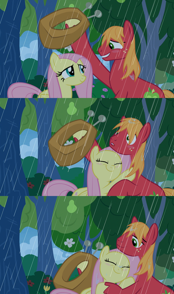 Size: 1920x3240 | Tagged: safe, anonymous artist, derpibooru import, edit, edited screencap, screencap, big macintosh, fluttershy, earth pony, pegasus, pony, the perfect pear, big macintosh's yoke, character swap, comic, cute, duo, duo male and female, eyes closed, female, fluttermac, grin, hoof hold, horse collar, hug, image, looking at each other, looking at someone, macabetes, male, mare, png, rain, screencap comic, shipping, shyabetes, smiling, smiling at each other, stallion, straight, surprised, wet, wet mane
