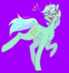 Size: 1318x1396 | Tagged: safe, artist:wintersleptart, derpibooru import, lyra heartstrings, pony, unicorn, image, jpeg, one eye closed, purple background, simple background, smiling, solo, standing on two hooves, wink