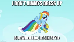 Size: 736x414 | Tagged: safe, derpibooru import, edit, edited screencap, screencap, rainbow dash, suited for success, caption, clothes, dress, gala dress, image, image macro, imgflip, impact font, jpeg, rainbow dash always dresses in style, text