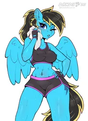 Size: 2442x3358 | Tagged: suggestive, artist:dandy, derpibooru import, oc, oc:dawny, unofficial characters only, anthro, pegasus, abs, art trade, belly button, breasts, clothes, ear fluff, erect nipples, female, fingerless gloves, gloves, hand on hip, high res, image, looking at you, muscles, nipple outline, one eye closed, pegasus oc, png, ponytail, short shirt, shorts, simple background, solo, solo female, sweat, white background, wings, workout outfit