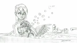 Size: 1500x841 | Tagged: suggestive, artist:baron engel, derpibooru import, derpy hooves, human, pegasus, pony, equestria girls, bathtub, black and white, breasts, bubble, bubble bath, duality, duo, duo female, female, food, grayscale, hand on head, holding a pony, hoof hold, human ponidox, humanized, image, jpeg, monochrome, muffin, nudity, rubber duck, self paradox, self ponidox, sideboob, simple background, soap bubble, spread wings, strategically covered, traditional art, underboob, white background, wings