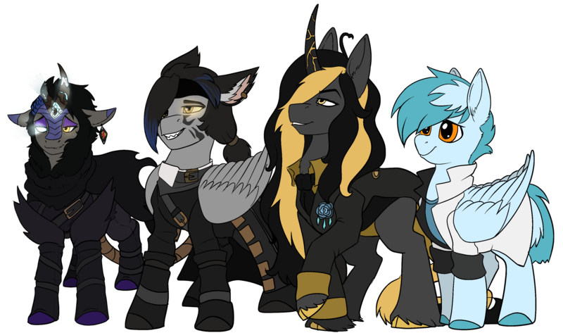 Size: 3166x1871 | Tagged: safe, artist:brainiac, derpibooru import, oc, oc:concorde, oc:heccin pepperino, oc:knick knack, oc:nightingale, oc:xirtlelt dotharl, cat, cat pony, kirin, original species, pegasus, unicorn, derpibooru community collaboration, 2024 community collab, female, image, male, png, simple background, solo, transparent background