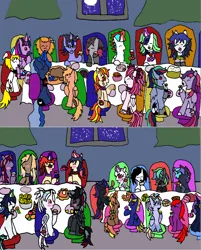 Size: 1348x1675 | Tagged: safe, artist:ask-luciavampire, derpibooru import, oc, alicorn, earth pony, pegasus, pony, undead, unicorn, vampire, vampony, food, holiday, image, png, thanksgiving, tumblr