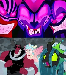 Size: 749x842 | Tagged: safe, derpibooru import, screencap, cozy glow, lord tirek, queen chrysalis, alicorn, the ending of the end, alicornified, are you ready, cozycorn, failure, friends on the other side, image, legion of doom, oh crap, png, race swap, scared, the princess and the frog, ultimate chrysalis