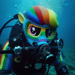 Size: 1024x1024 | Tagged: prompter needed, safe, ai content, derpibooru import, machine learning generated, rainbow dash, full face mask, g4, generator:bing image creator, image, jpeg, rebreather, scuba diving, scuba gear, solo, underwater, water, wetsuit