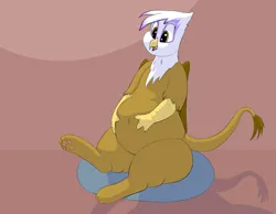 Size: 2969x2308 | Tagged: safe, artist:lupin quill, derpibooru import, gilda, gryphon, series:gildough rising (weight gain), beanbag chair, belly button, chubby, chubby cheeks, fat, fat fetish, female, fetish, g4, gildough, image, open mouth, paw pads, paws, png, rolls of fat, simple background, sitting, smiling, spread wings, the ass was fat, thighs, thunder thighs, weight gain sequence, wings