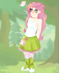 Size: 1114x1384 | Tagged: safe, artist:burbernoodle, derpibooru import, fluttershy, butterfly, human, insect, blushing, boots, clothes, cute, ear piercing, earring, female, hands behind back, humanized, image, jewelry, jpeg, piercing, shoes, shyabetes, skirt, socks, solo, stockings, tanktop, thigh highs, tree
