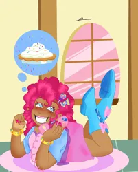 Size: 1114x1384 | Tagged: safe, artist:burbernoodle, derpibooru import, pinkie pie, human, blushing, boots, bracelet, clothes, cute, dark skin, diapinkes, female, food, grin, high heel boots, humanized, image, jewelry, jpeg, lipstick, lying down, makeup, nail polish, phone, pie, prone, shirt, shoes, skirt, smiling, solo, thought bubble, vest