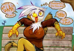 Size: 1239x852 | Tagged: suggestive, artist:frist44, derpibooru import, gilda, anthro, gryphon, beak, bench, big breasts, breasts, busty gilda, chest fluff, clothes, cloud, erect nipples, female, fetish, image, imminent sneeze, jpeg, kite, kite flying, leaning back, long sleeves, night in the woods, nipple outline, open beak, open mouth, outdoors, pre sneeze, shirt, shorts, silhouette, sitting, sneezing, sneezing fetish, solo focus, surprised, t-shirt, thinking, tree