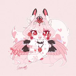 Size: 1000x1000 | Tagged: safe, artist:qamar, derpibooru import, oc, unofficial characters only, pegasus, pony, adoptable, big tail, colored wings, fangs, female, flower, flower in hair, headdress, heart, heart eyes, image, jewelry, jpeg, lying down, mare, multicolored wings, necklace, obtrusive watermark, prone, solo, tail, watermark, wingding eyes, wings