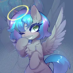 Size: 2500x2500 | Tagged: artist needed, source needed, safe, artist:porto9, derpibooru import, oc, oc:virtuous hope, unofficial characters only, pegasus, pony, chest fluff, ear fluff, female, halo, image, looking at you, mare, mischievous, one eye closed, pegasus oc, png, smiling, smiling at you, smug, spread wings, wings, wink, winking at you