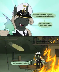 Size: 2749x3357 | Tagged: semi-grimdark, artist:moonatik, derpibooru import, oc, oc:recina, unofficial characters only, changeling, equestria at war mod, 2 panel comic, admiral, battleship, burning, changeling oc, clothes, comic, commission, fangs, female, fire, hat, image, military uniform, necktie, ocean, png, shell, uniform, water, wings