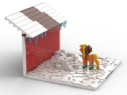 Size: 1280x960 | Tagged: safe, artist:otl crafts, derpibooru import, applejack, earth pony, pony, g5, my little pony: tell your tale, barn, image, lego, png, rap this winter up, render, simple background, snow, snow pun intended, solo, transparent background