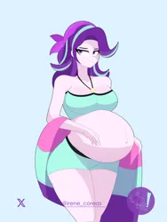 Size: 3000x4000 | Tagged: safe, artist:diamondgreenanimat0, derpibooru import, starlight glimmer, human, equestria girls, belly, belly button, big belly, bikini, bra, breasts, busty starlight glimmer, clothes, half body, hand on belly, hips, huge belly, humanized, hyper, hyper belly, image, impossibly large belly, outie belly button, png, pregnant, purple eyes, purple hair, simple background, swimsuit, towel, underwear