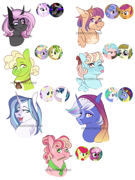 Size: 1280x1698 | Tagged: safe, artist:primrosepaper, derpibooru import, cheerilee, cozy glow, dinky hooves, fleur-de-lis, hoo'far, king sombra, pistachio, princess celestia, scootaloo, shining armor, strawberry sunrise, wind sprint, zippoorwhill, oc, unnamed oc, alicorn, earth pony, pegasus, pony, unicorn, ascot, bust, crack ship offspring, crack shipping, female, filly, foal, freckles, image, magical lesbian spawn, male, mare, offspring, open mouth, open smile, parent:cheerilee, parent:cozy glow, parent:dinky hooves, parent:fleur-de-lis, parent:hoo'far, parent:king sombra, parent:pistachio, parent:princess celestia, parent:scootaloo, parent:shining armor, parent:strawberry sunrise, parent:wind sprint, parent:zippoorwhill, png, shipping, simple background, smiling, stallion, tongue out, watermark, white background