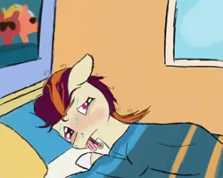 Size: 2000x1600 | Tagged: safe, artist:php176, derpibooru import, rocky riff, pegasus, pony, g5, bed, bedroom, derpibooru exclusive, floppy ears, image, lying down, male, messy mane, pillow, png, sad, sick, solo, stallion, sweat, sweatdrop, thermometer, tongue out, window