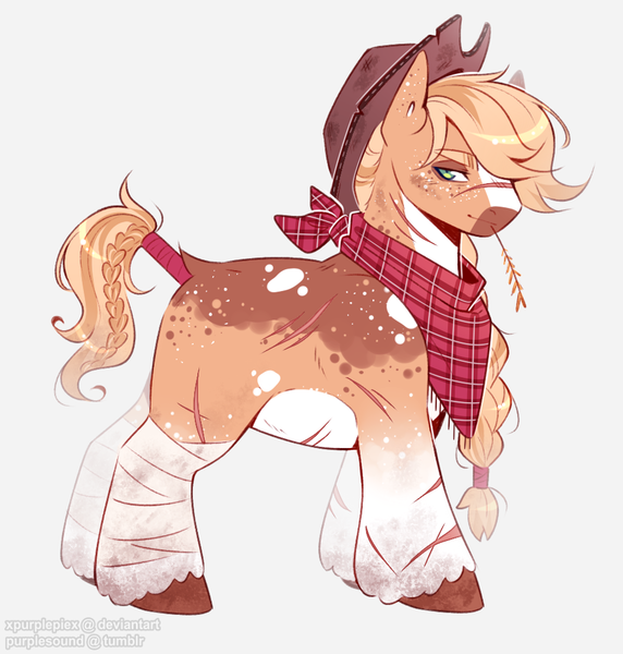 Size: 953x1000 | Tagged: safe, artist:purplesound, artist:soundwavepie, derpibooru import, applejack, earth pony, pony, alternate design, bandage, bandana, blaze (coat marking), braid, braided tail, clothes, coat markings, cowboy hat, facial markings, facial scar, female, g4, hat, hooves, image, mare, pale belly, png, redesign, redraw, scar, simple background, socks (coat marking), solo, straw in mouth, tail, tail wrap, twitterina design, unshorn fetlocks, white background