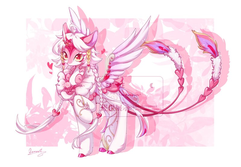 Size: 2048x1423 | Tagged: safe, artist:qamar, derpibooru import, oc, unofficial characters only, alicorn, original species, pony, adoptable, alicorn oc, braid, curved horn, female, horn, image, jpeg, mare, multiple tails, obtrusive watermark, solo, tail, watermark, wings