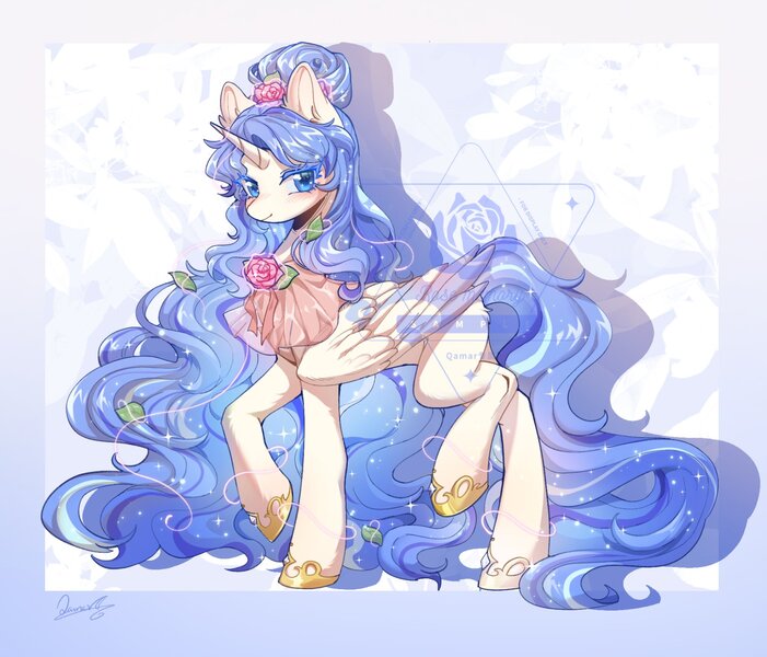 Size: 1870x1600 | Tagged: safe, artist:qamar, derpibooru import, oc, unofficial characters only, alicorn, pony, alicorn oc, commission, female, flower, folded wings, hoof shoes, horn, image, jpeg, large wings, mare, obtrusive watermark, princess shoes, watermark, wings