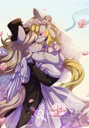 Size: 1423x2048 | Tagged: safe, artist:qamar, derpibooru import, oc, unofficial characters only, earth pony, pegasus, pony, carrying, clothes, dress, female, floral head wreath, flower, glasses, hat, holding a pony, hug, image, jpeg, male, mare, marriage, obtrusive watermark, oc x oc, shipping, stallion, tailcoat, top hat, watermark, wedding, wedding dress