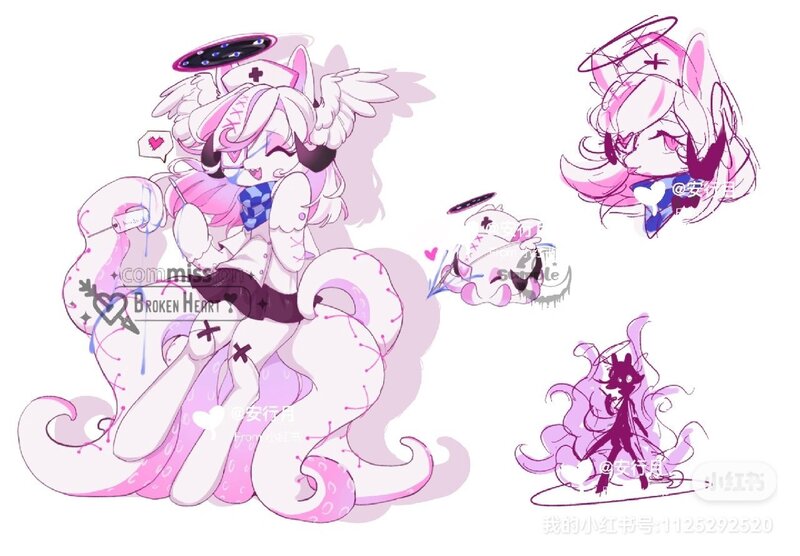Size: 1280x889 | Tagged: safe, artist:qamar, derpibooru import, oc, unofficial characters only, monster pony, octopony, octopus, original species, pony, clothes, eyepatch, female, goat horns, halo, hat, head wings, horns, image, jpeg, mare, nurse hat, obtrusive watermark, simple background, skirt, solo, syringe, tentacles, tongue out, watermark, white background, wings
