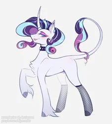 Size: 811x893 | Tagged: safe, artist:purplesound, artist:soundwavepie, derpibooru import, rarity, pony, unicorn, chest fluff, choker, collar, colored hooves, concave belly, curved horn, ear piercing, earring, female, fishnets, g4, hooves, horn, horn ring, image, jewelry, leonine tail, lipstick, makeup, mare, piercing, png, raised hoof, redesign, redraw, ring, simple background, slim, smiling, solo, tail, thin, unshorn fetlocks, white background