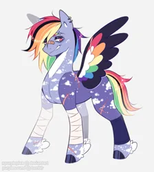 Size: 789x879 | Tagged: safe, artist:purplesound, artist:soundwavepie, derpibooru import, rainbow dash, pegasus, pony, alternate design, bandage, bandaid, bandaid on nose, cloud coat pattern, coat markings, colored hooves, colored wings, ear piercing, earring, eyebrow piercing, feathered fetlocks, female, g4, grin, hooves, image, jewelry, mare, multicolored wings, piercing, png, redesign, redraw, scar, simple background, smiling, solo, spread wings, tail, twitterina design, white background, wings