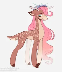 Size: 785x910 | Tagged: safe, artist:purplesound, artist:soundwavepie, derpibooru import, fluttershy, deer, alternate design, antlers, cloven hooves, coat markings, colored hooves, concave belly, countershading, dappled, deerified, doe, fangs, female, floral head wreath, flower, flutterdeer, g4, hooves, image, pale belly, png, quadrupedal, redesign, redraw, simple background, slim, smiling, solo, species swap, tail, thin, twitterina design, white background