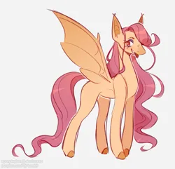 Size: 1007x972 | Tagged: safe, artist:purplesound, artist:soundwavepie, derpibooru import, fluttershy, bat pony, deer, pony, bat ponified, colored hooves, female, flutterbat, forked tongue, g4, hooves, image, mare, png, race swap, red eyes, redesign, simple background, smiling, solo, spread wings, tail, tongue out, white background, wings