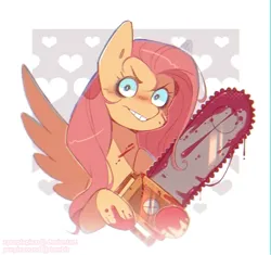Size: 1082x1017 | Tagged: semi-grimdark, artist:purplesound, artist:soundwavepie, derpibooru import, fluttershy, pegasus, pony, .mov, shed.mov, blood, chainsaw, creepy, creepy smile, female, fluttershed, g4, heart, image, mare, passepartout, png, smiling, solo, stare, staring at you