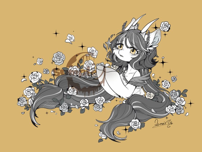 Size: 2000x1500 | Tagged: safe, artist:qamar, derpibooru import, oc, unofficial characters only, original species, pony, female, flower, horns, image, jpeg, laurel wreath, mare, obtrusive watermark, simple background, solo, watermark